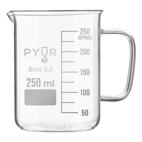 Pyur Scientific Low Form Glass Beaker w/ Graduations, Handle, and Spout 250ml