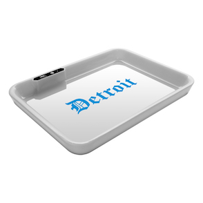 Dope&#160;Trays&#160;x Detroit White - background Blue logo