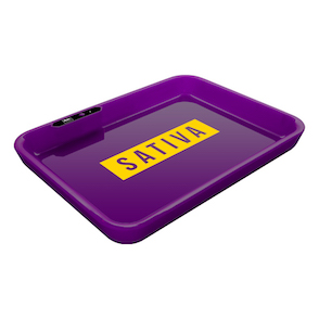 Dope&#160;Trays&#160;x Sativa - &#160;purple background yellow logo