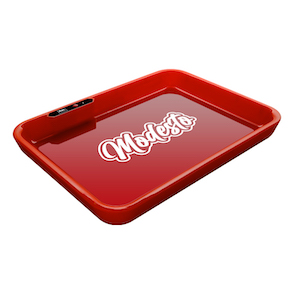 Dope&#160;Trays&#160;x Modesto &#8211; Red Background White logo